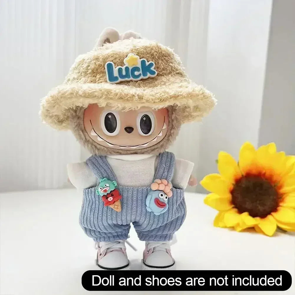 For Korea Kpop Exo Labubu II Idol Dolls Sitting Party Plaid Overalls Clothing 17Cm Mini Plush Doll'S Clothes Outfit Accessories