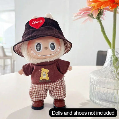 For Korea Kpop Exo Labubu II Idol Dolls Sitting Party Plaid Overalls Clothing 17Cm Mini Plush Doll'S Clothes Outfit Accessories