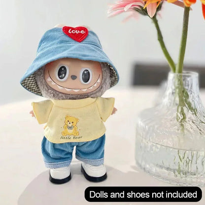 For Korea Kpop Exo Labubu II Idol Dolls Sitting Party Plaid Overalls Clothing 17Cm Mini Plush Doll'S Clothes Outfit Accessories