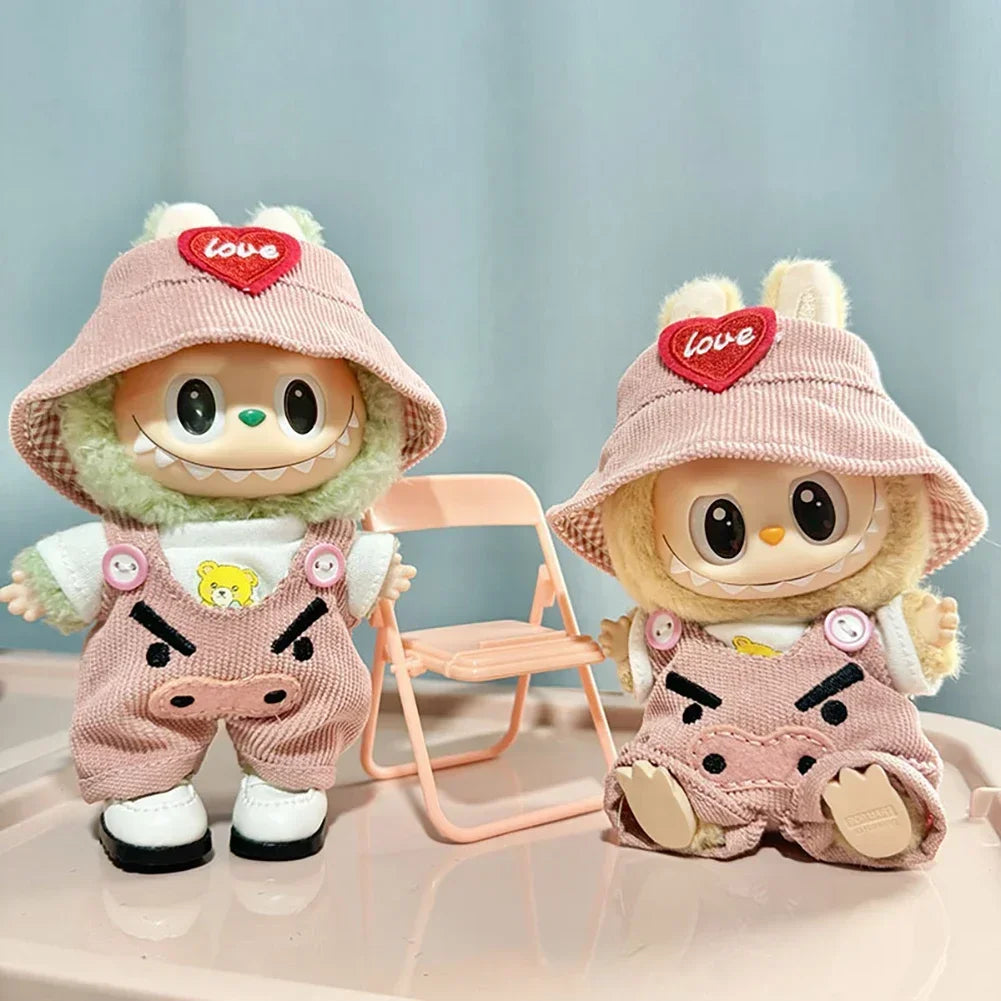 For Korea Kpop Exo Labubu II Idol Dolls Sitting Party Plaid Overalls Clothing 17Cm Mini Plush Doll'S Clothes Outfit Accessories