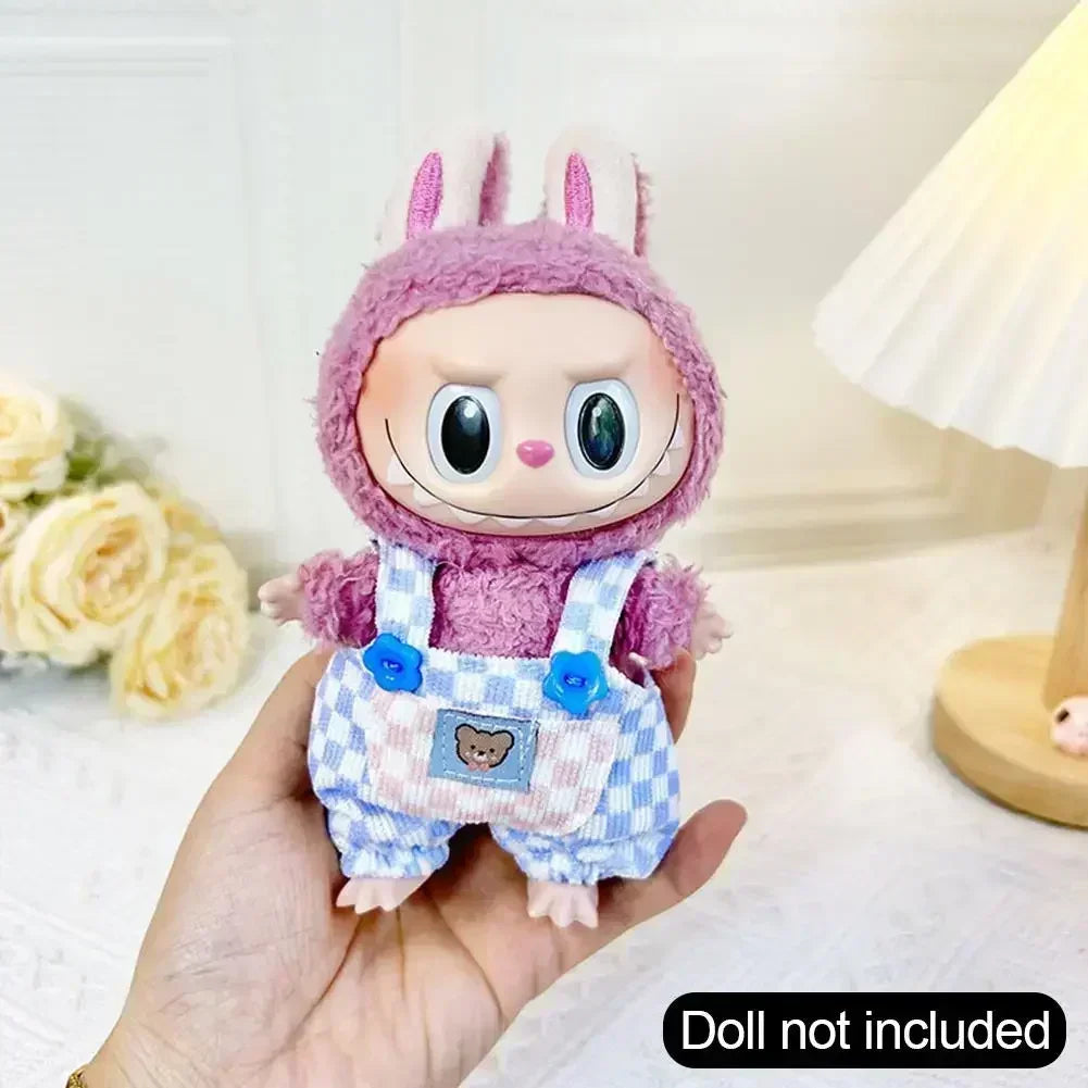 For Korea Kpop Exo Labubu II Idol Dolls Sitting Party Plaid Overalls Clothing 17Cm Mini Plush Doll'S Clothes Outfit Accessories