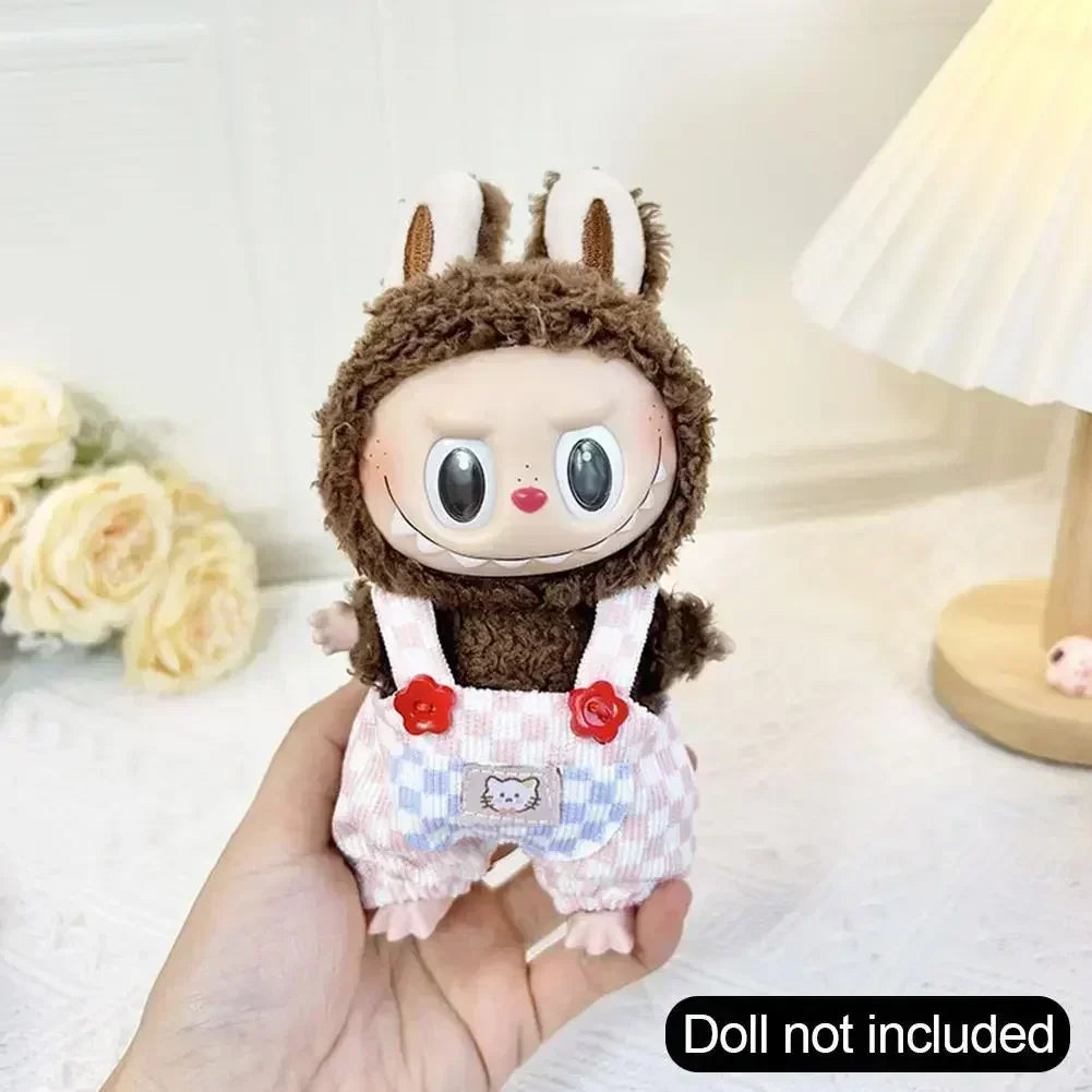 For Korea Kpop Exo Labubu II Idol Dolls Sitting Party Plaid Overalls Clothing 17Cm Mini Plush Doll'S Clothes Outfit Accessories