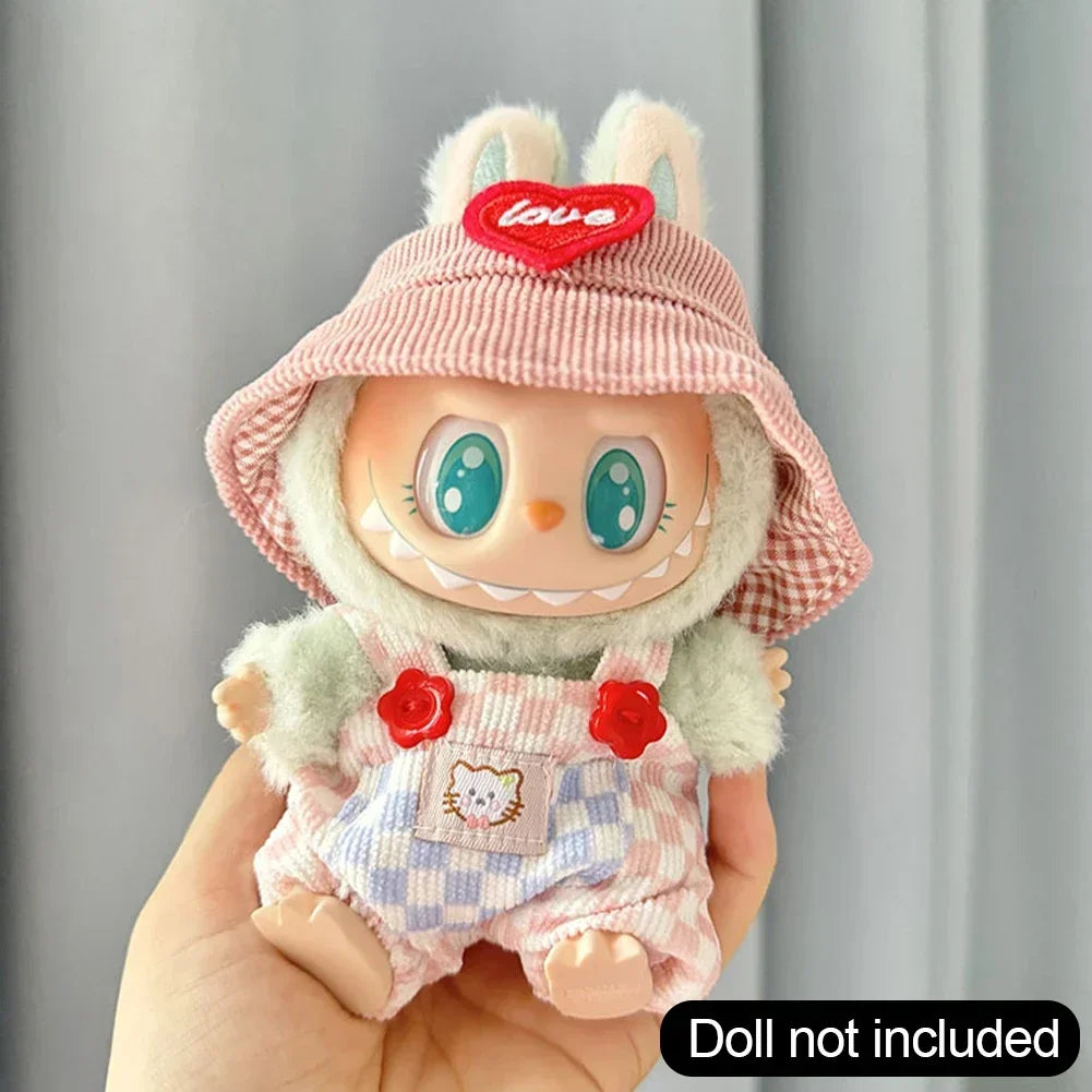 For Korea Kpop Exo Labubu II Idol Dolls Sitting Party Plaid Overalls Clothing 17Cm Mini Plush Doll'S Clothes Outfit Accessories