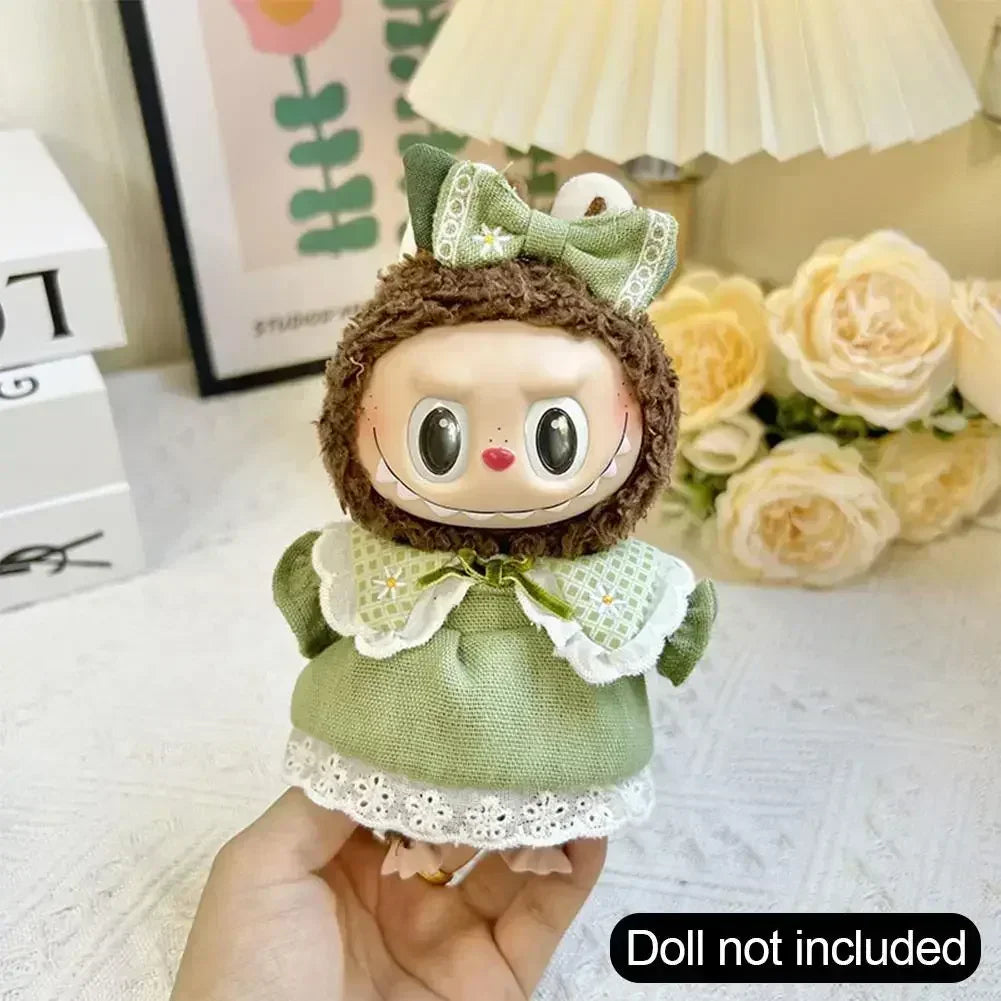 For Korea Kpop Exo Labubu II Idol Dolls Sitting Party Plaid Overalls Clothing 17Cm Mini Plush Doll'S Clothes Outfit Accessories