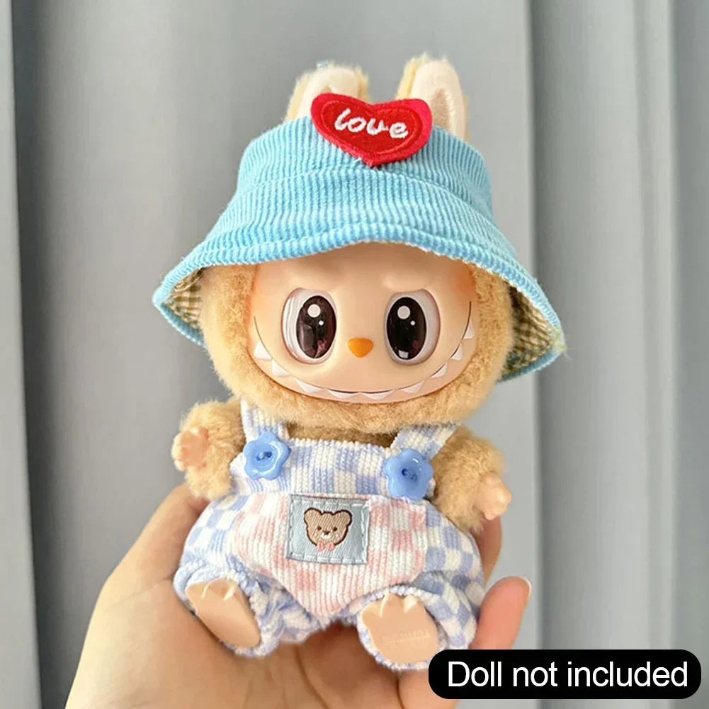 For Korea Kpop Exo Labubu II Idol Dolls Sitting Party Plaid Overalls Clothing 17Cm Mini Plush Doll'S Clothes Outfit Accessories