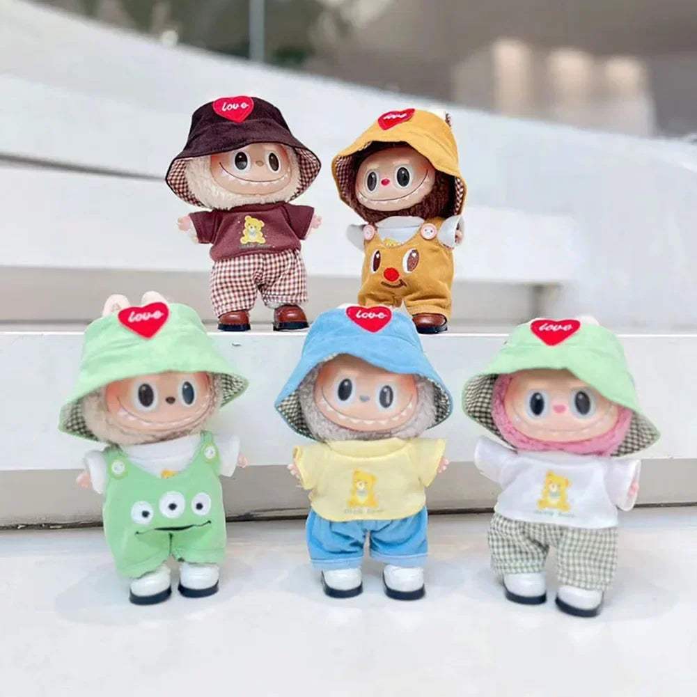 For Korea Kpop Exo Labubu II Idol Dolls Sitting Party Plaid Overalls Clothing 17Cm Mini Plush Doll'S Clothes Outfit Accessories