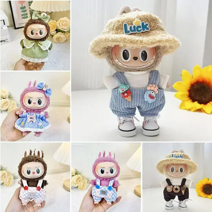 For Korea Kpop Exo Labubu II Idol Dolls Sitting Party Plaid Overalls Clothing 17Cm Mini Plush Doll'S Clothes Outfit Accessories