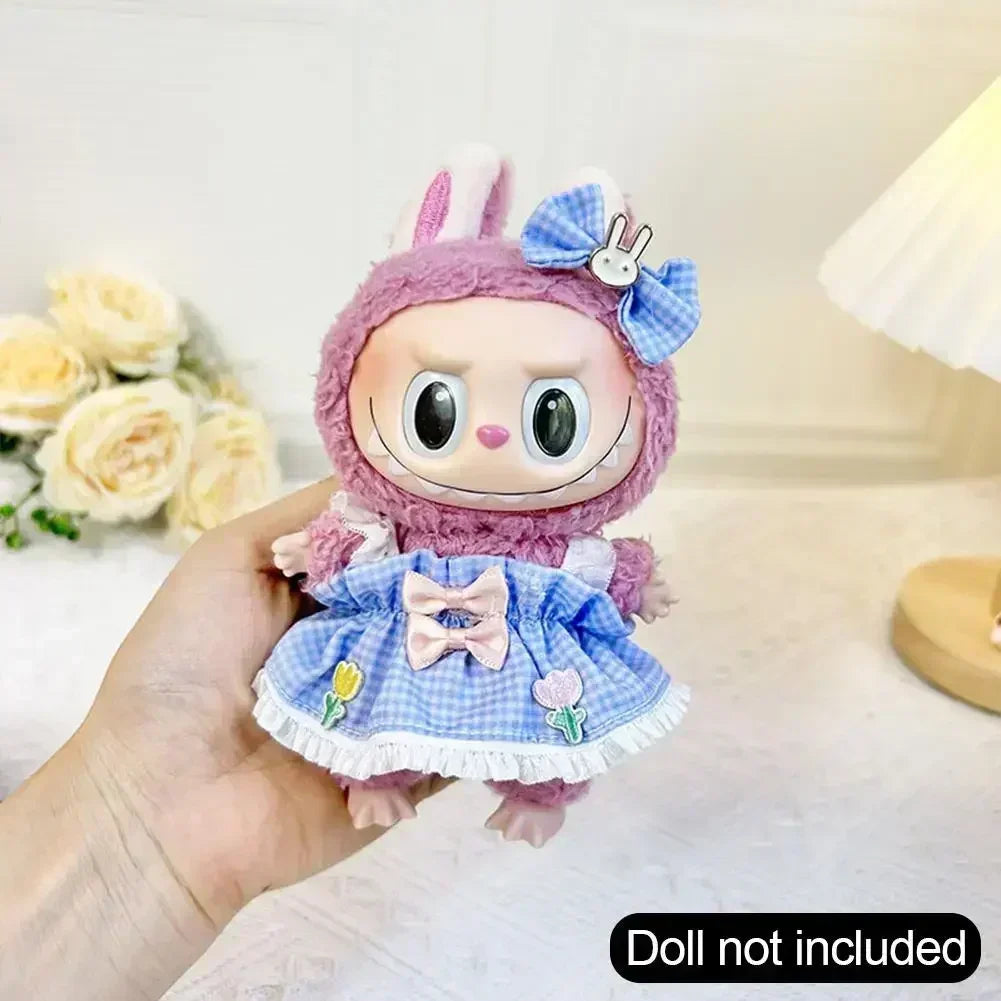 For Korea Kpop Exo Labubu II Idol Dolls Sitting Party Plaid Overalls Clothing 17Cm Mini Plush Doll'S Clothes Outfit Accessories